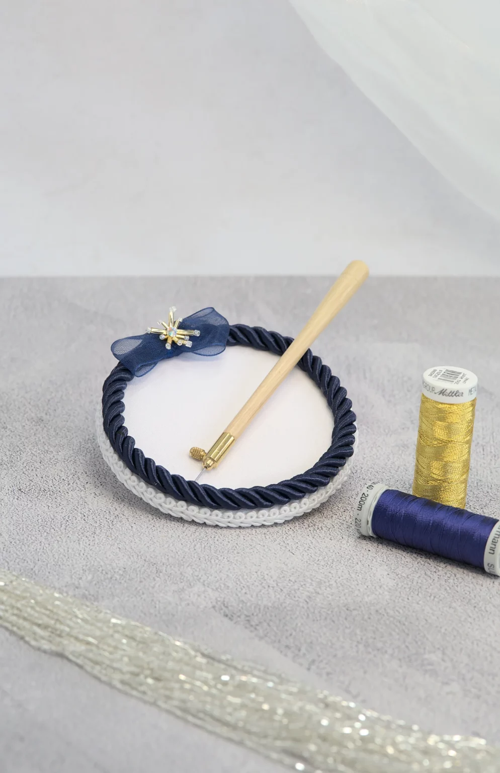 Luxurious Haute Couture embroidery beading plate with an organza ribbon bow tie, perfect for Tambour and Lunéville embroidery.