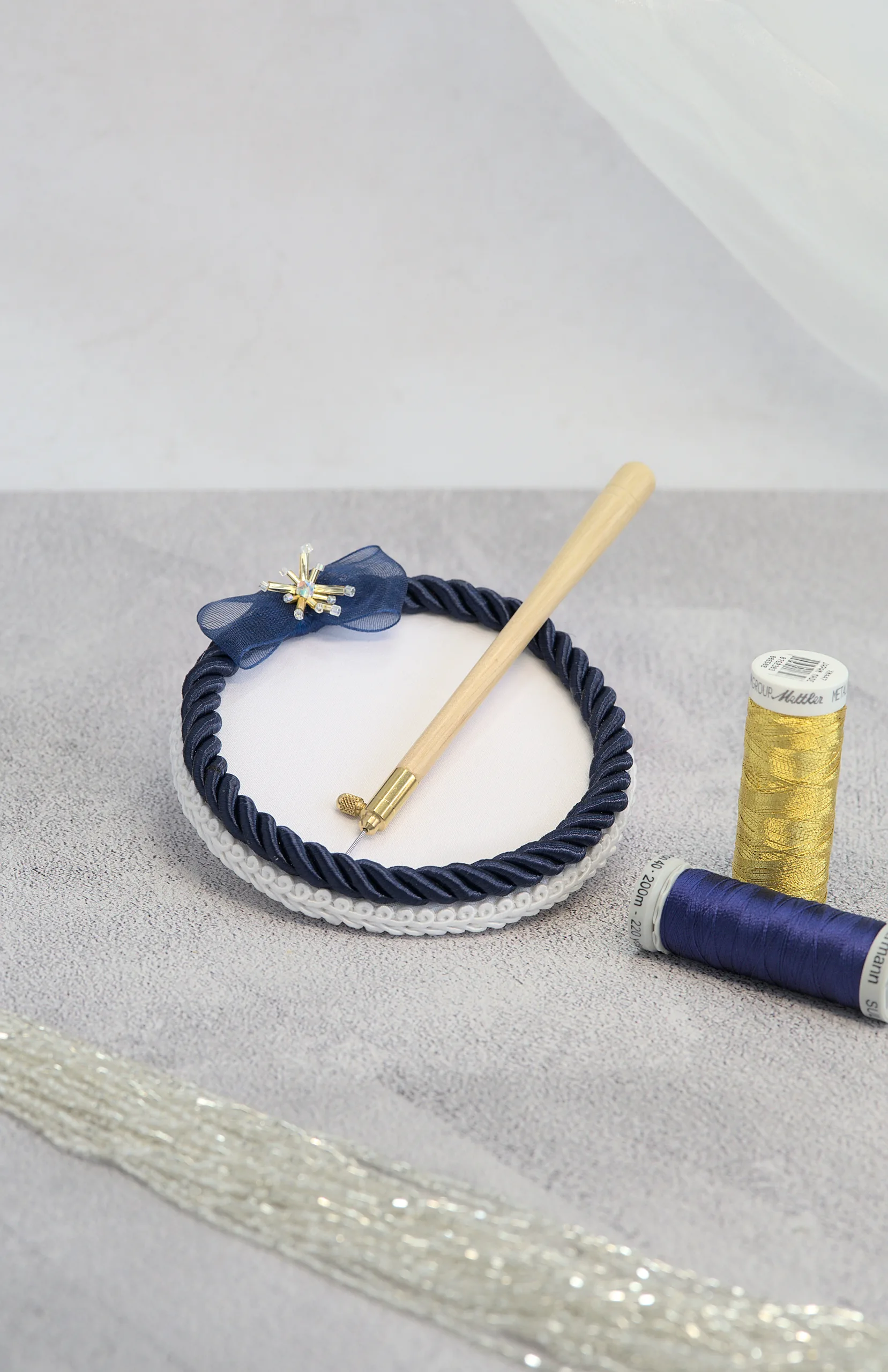 Luxurious Haute Couture embroidery beading plate with an organza ribbon bow tie, perfect for Tambour and Lunéville embroidery.
